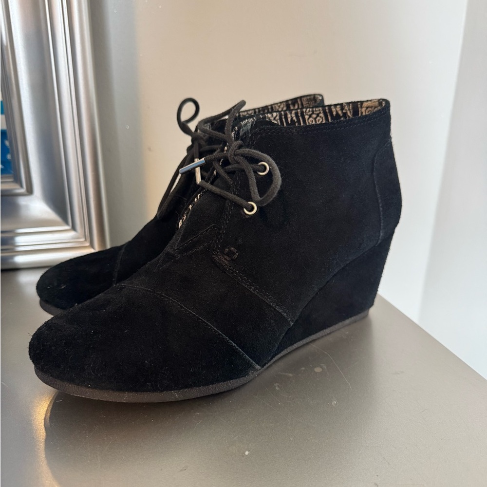 Toms Black Suede Lace-Up Wedges